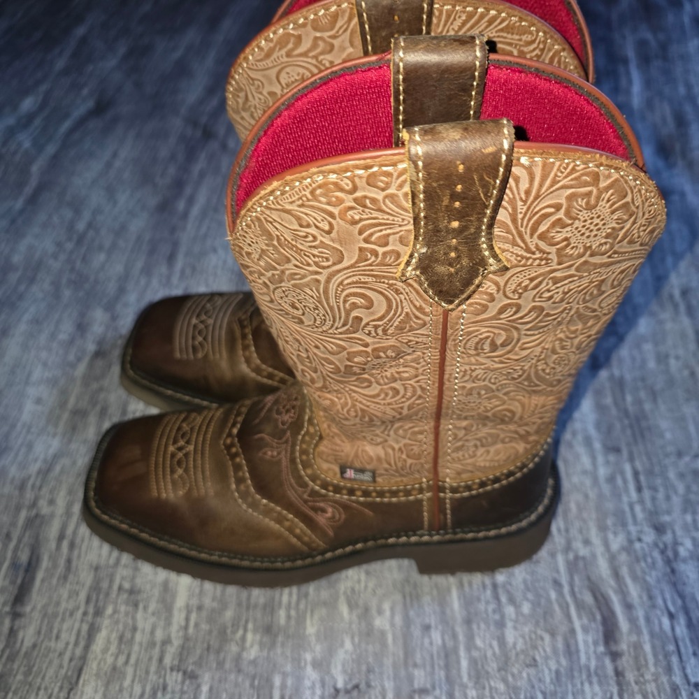 Justin Womens Brown Leather Floral Embossed Square Toe Western Boots GY9530 6.5B